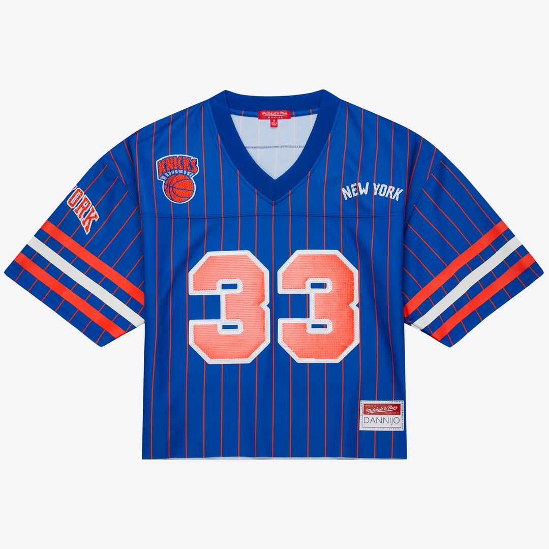 Patrick Ewing | New York Knicks | DANNIJO Women's Name & Number Cropped Football Jersey - Blue