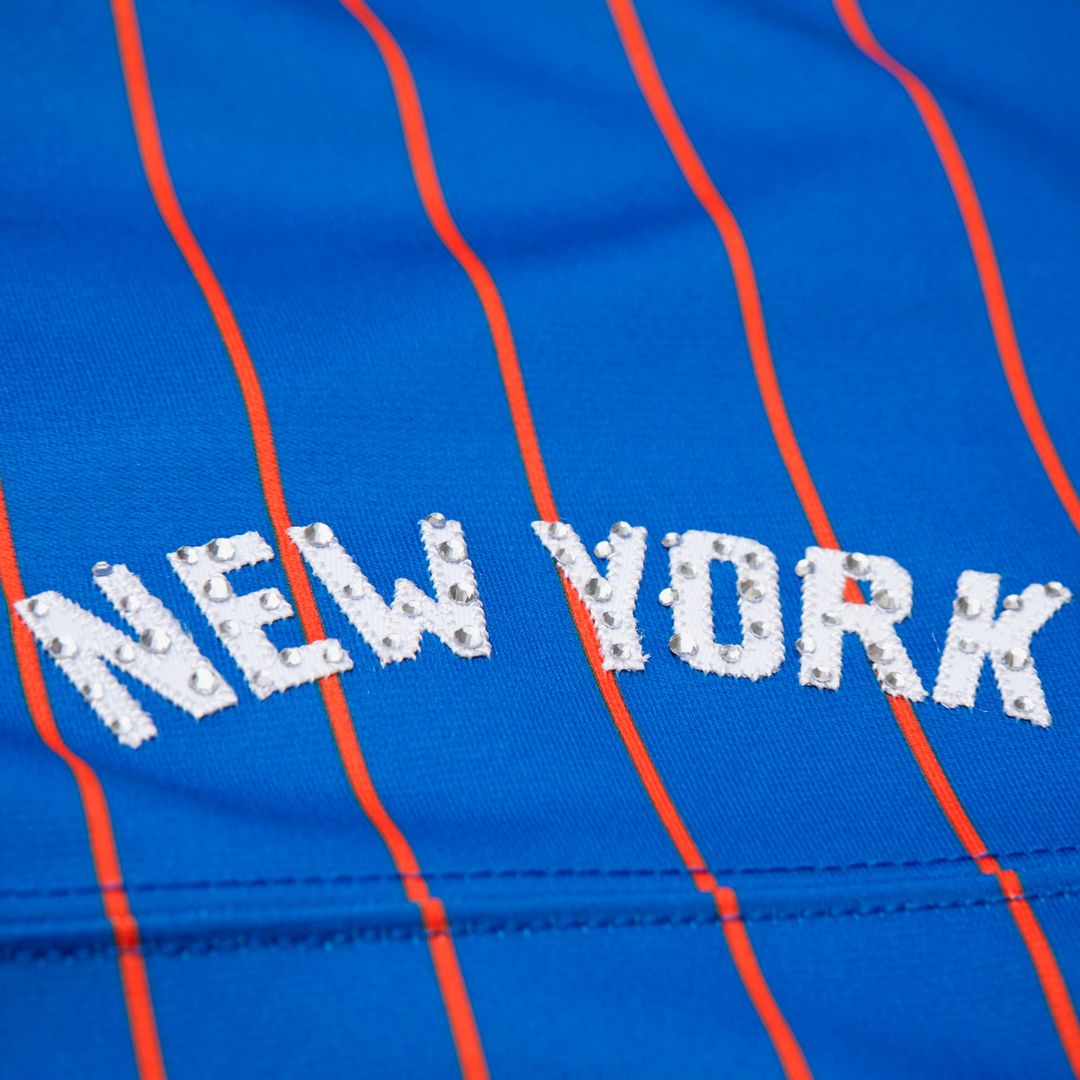 Patrick Ewing | New York Knicks | DANNIJO Women's Name & Number Cropped Football Jersey - Blue