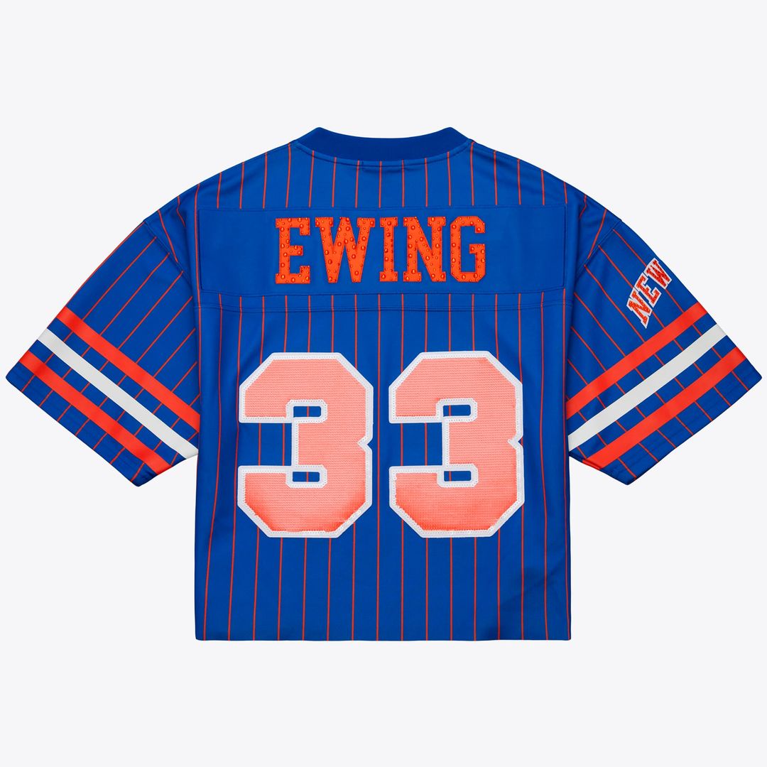 Patrick Ewing | New York Knicks | DANNIJO Women's Name & Number Cropped Football Jersey - Blue